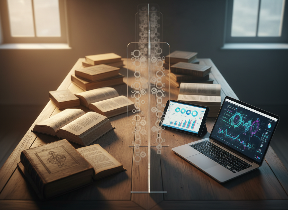 A conceptual, pattern-finding image illustrating the transition from historical theology to marketing analytics: an overhead shot of a long desk where one side is covered with aged, open books featuring rich, textured pages and marginalia implied through blurred marks, while the opposite side holds a laptop and tablet displaying abstract, colorful data charts. In the center, an elegant divider of transparent acrylic with etched geometric patterns visually bridges the two halves. Soft morning light enters from a high window, illuminating the books with warm tones and the devices with cooler reflections, symbolizing continuity between disciplines. The composition uses a central leading line along the acrylic divider, emphasizing convergence and intellectual synthesis. Photographic realism with a contemplative, aspirational atmosphere.