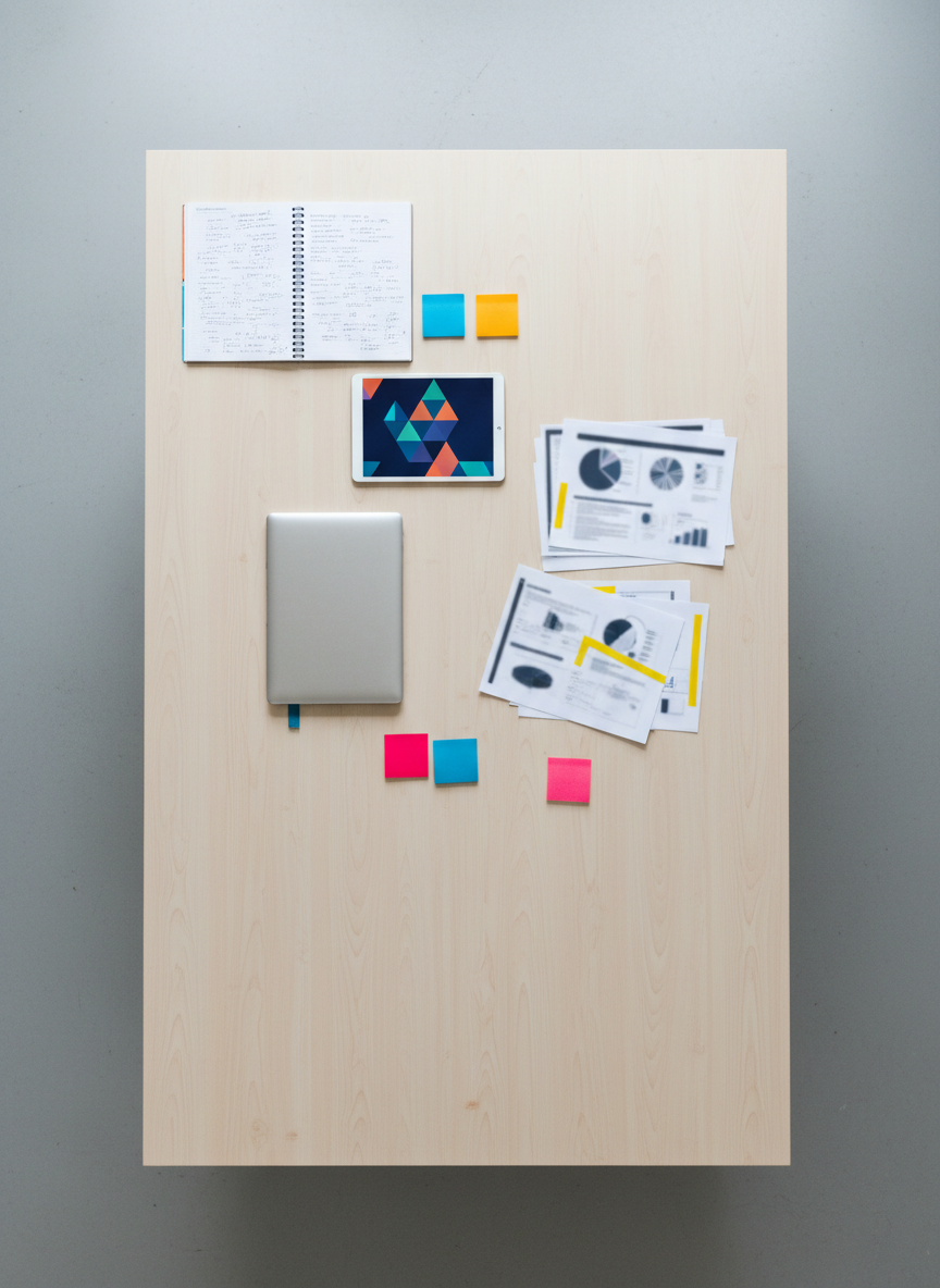 An abstract yet realistic overhead view of a large, pale wooden table covered with neatly arranged research and analytics materials, but no people. There is an open notebook filled with dense, handwritten lines suggested through blurred markings, beside a tablet displaying colorful, geometric data visualizations and a closed laptop with a brushed metal finish. A few printed pages with diagrams and highlighted sections are fanned out, with sticky notes used only as blocks of color, no legible text. Soft overcast light from above creates even illumination with subtle shadows at the edges of objects. The mood is focused and contemplative, balancing academic rigor with modern business analysis. Photographic realism with a clean, minimal composition using rule-of-thirds framing and ample negative space around the table’s perimeter.
